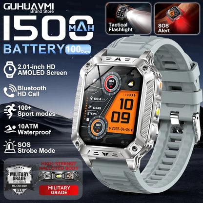 Montre Intelligente Militaire Homme 1500mAh Longue Autonomie Sport Extérieur Montre Connectée Homme Étanche 10ATM Fréquence Cardiaque Appel BT Grande Batterie