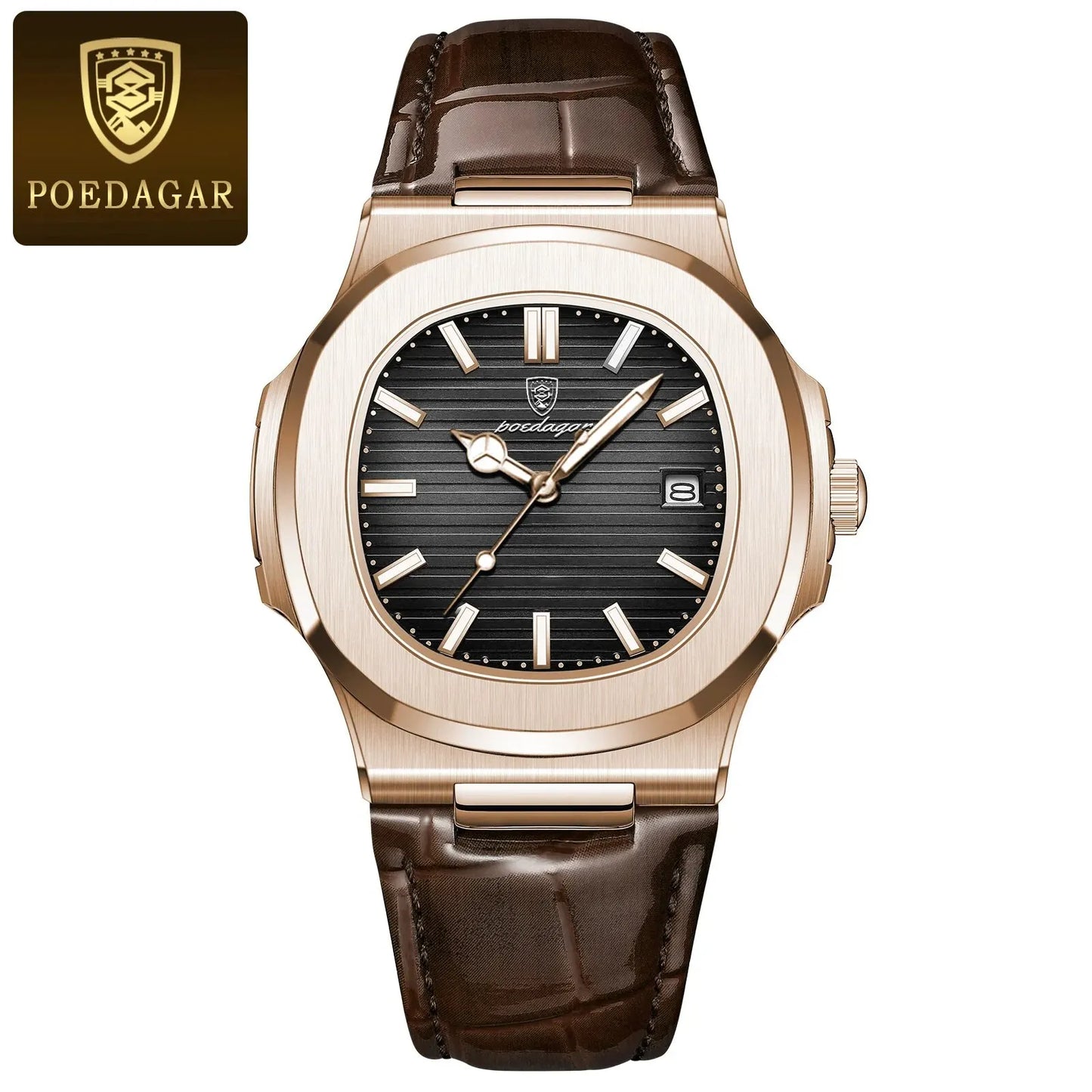 POEDAGAR Montre Homme Carrée Luxe Date Étanche Lumineuse Qualité Supérieure Bracelet Cuir Montre-Bracelet Quartz Homme+Boîte Reloj