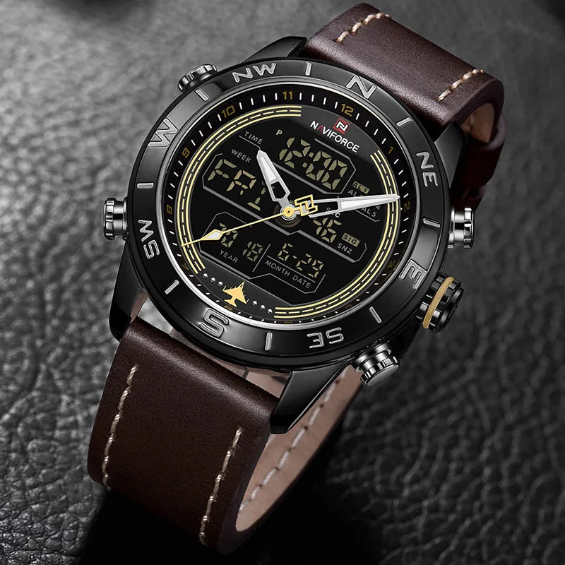 NAVIFORCE – Montre de sport de luxe à quartz pour homme, en cuir véritable, étanche, avec affichage de la date, du jour de la semaine et LED