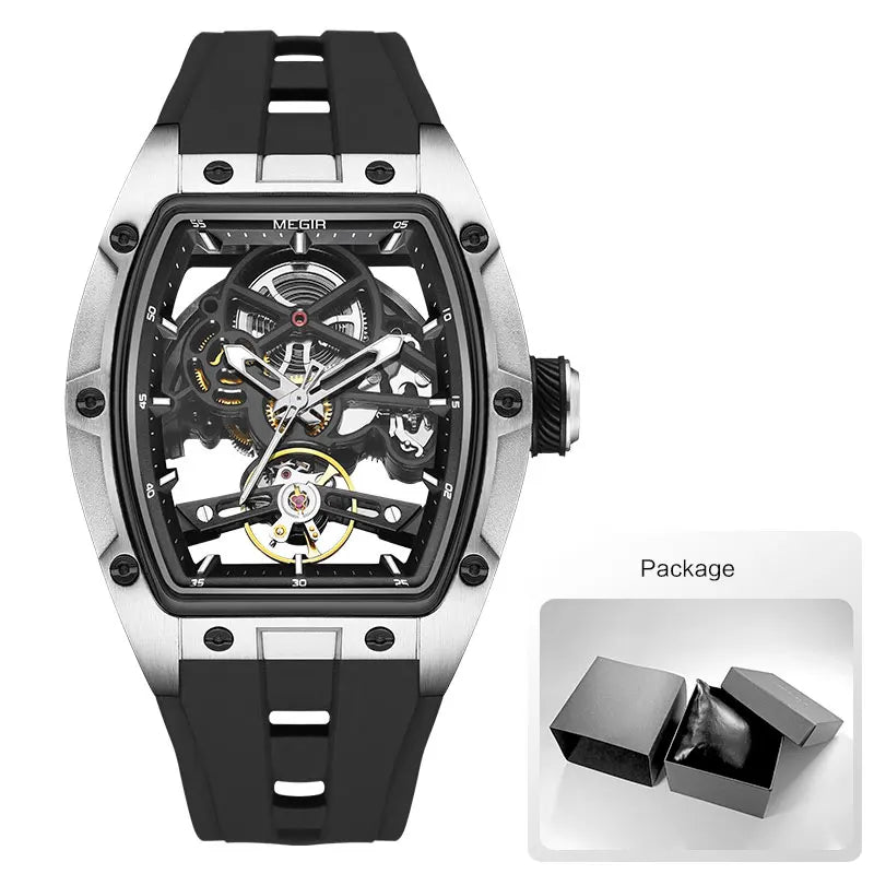 Montre-bracelet MEGIR pour hommes, mode, noire, étanche, mécanique automatique, avec aiguilles lumineuses, bracelet en silicone, cadran tonneau 2242