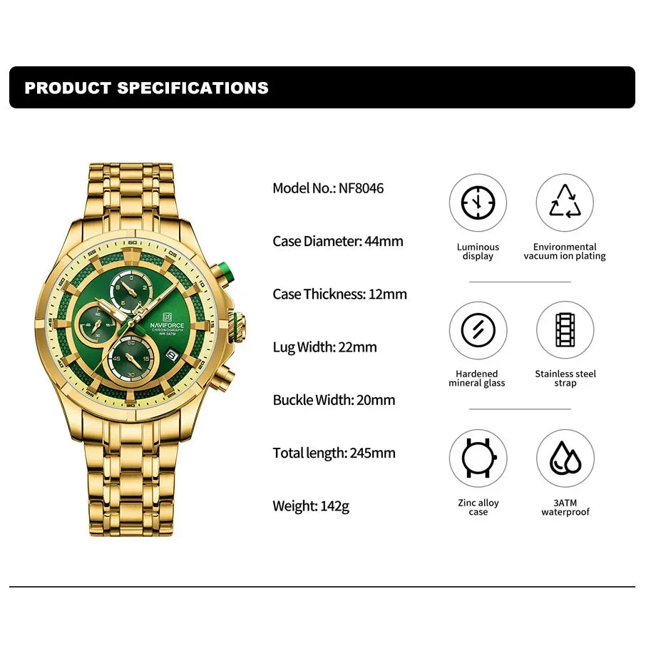 NAVIFORCE NF8046  Watch Business Luminous Waterproof Stainless Steel Strap Chronograph Quartz Wristwatch