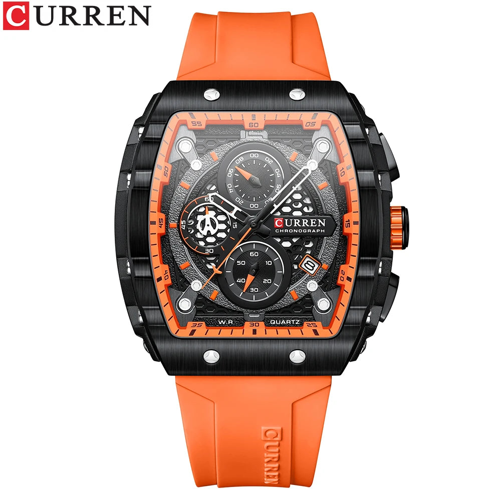 CURREN Tonneau Dial Chronograph Watch with Yellow Silicone Strap