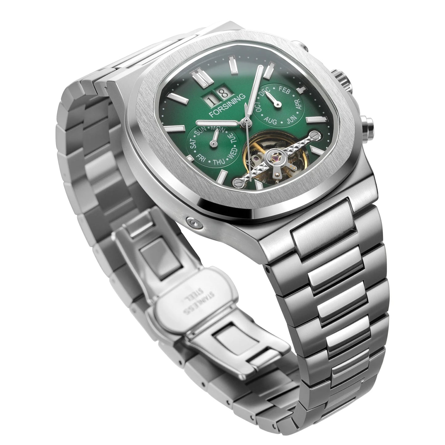 Forsining 481 Homme Nouvelle Montre Tourbillon de Marque, Date de la Semaine, Mouvement Automatique, Montres Mécaniques en Acier Inoxydable, Horloge Étanche