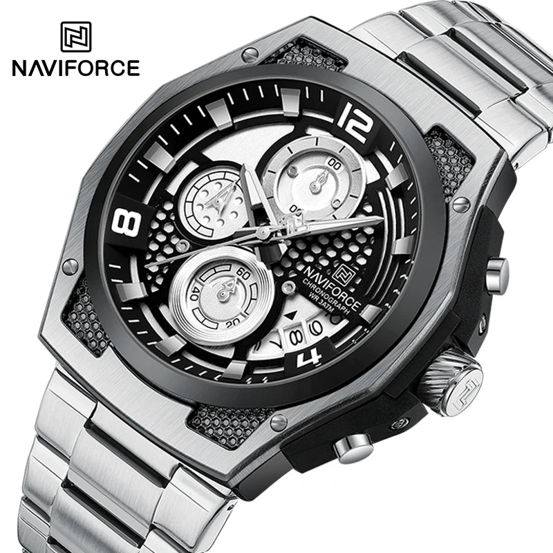 Montres Homme Sport Décontractées Marque NAVIFORCE Chronographe à Quartz Multifonction avec Affichage de la Date Bracelet en Acier Montre-Bracelet Reloj Hombre