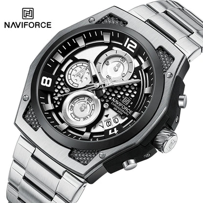 Montres Homme Sport Décontractées Marque NAVIFORCE Chronographe à Quartz Multifonction avec Affichage de la Date Bracelet en Acier Montre-Bracelet Reloj Hombre