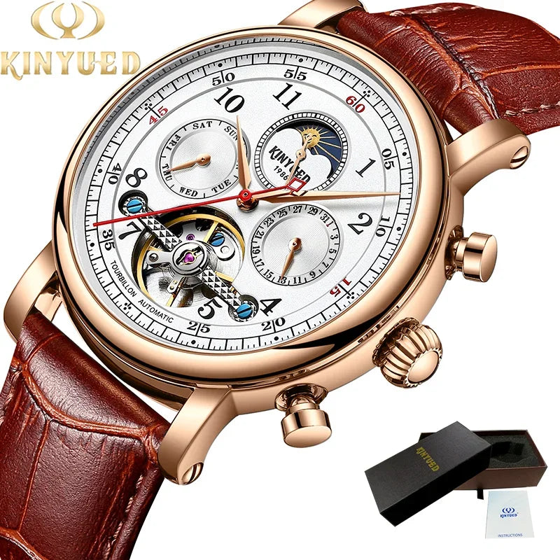 KINYUED Luxury Watches for Men Automatic Mechanical Moon Phase Men Watches Hollow Design Leather Strap Male Business Wristwatch