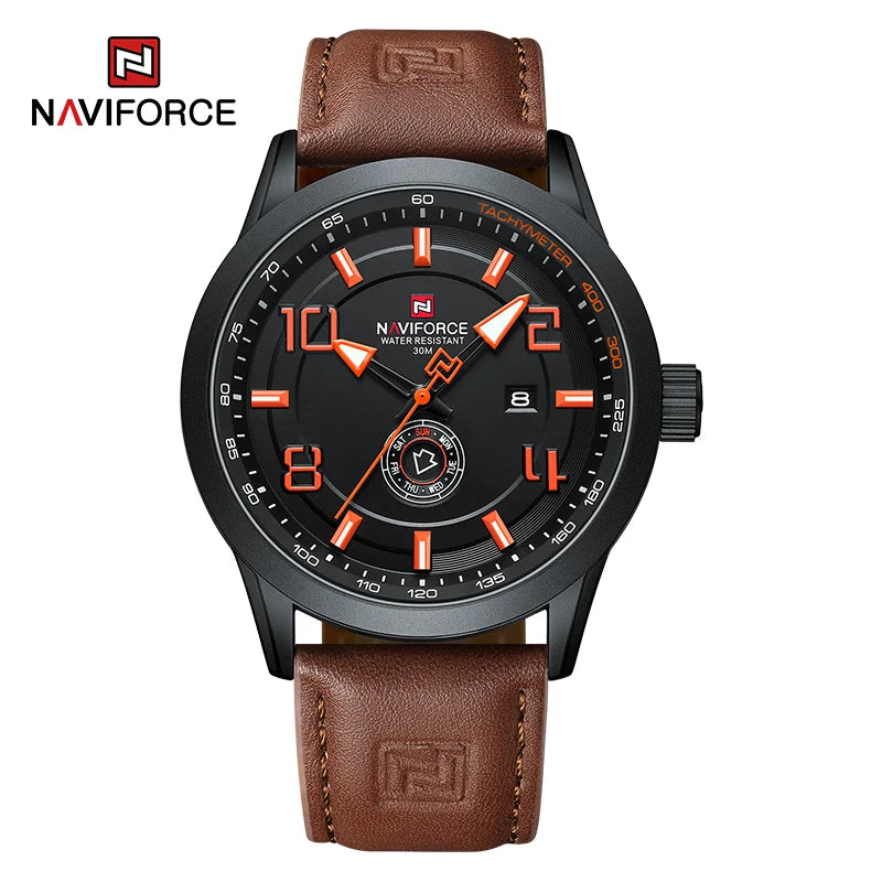 Montre-bracelet décontractée tendance NAVIFORCE pour homme, montre militaire de sport étanche avec bracelet en cuir, mouvement à quartz, calendrier