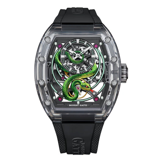 BONEST GATTI 6004 Men Automatic Watch Tonneau Mechanical Wristwatch Acrylic Case Sapphire Luminous Snake Dial Watches For Men