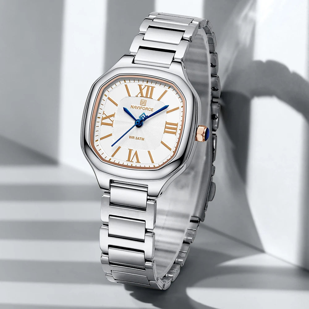 NAVIFORCE Montre de luxe pour femme, cadran carré, quartz, étanche, en acier inoxydable