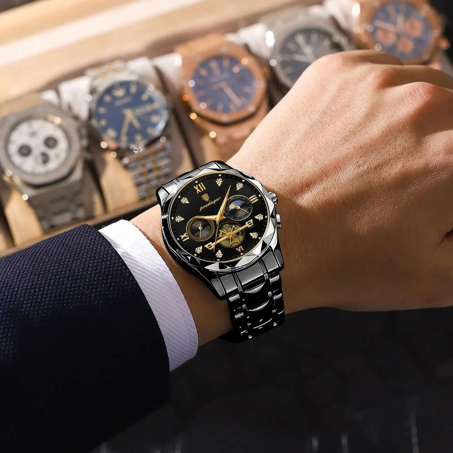 POEDAGAR Montre-bracelet homme de haute qualité en acier inoxydable, chronographe, pour affaires, étanche, lumineuse, à quartz