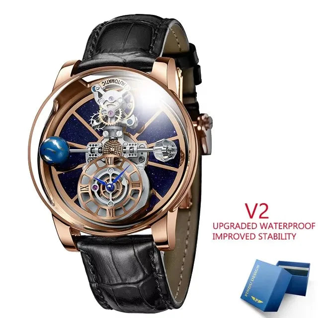 PINDU Design Montre à quartz pour homme collection Celestial, miroir incurvé, cadran ciel étoilé, surface cristalline, thème Terre, montre-bracelet