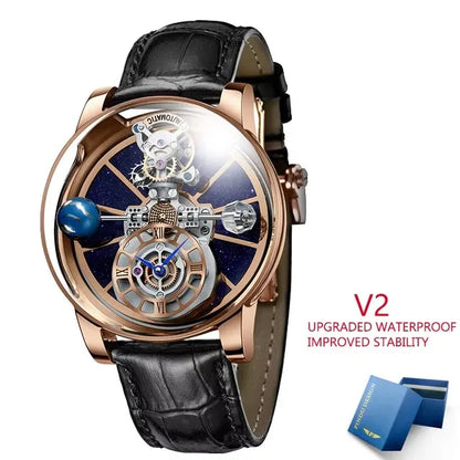 PINDU Design Montre à quartz pour homme collection Celestial, miroir incurvé, cadran ciel étoilé, surface cristalline, thème Terre, montre-bracelet