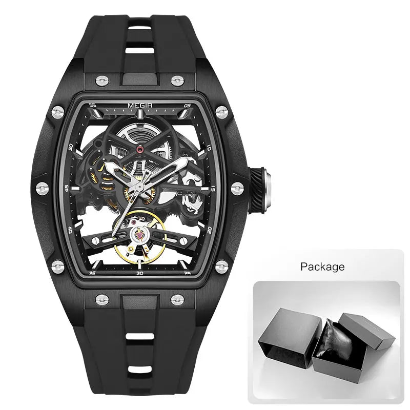 Montre-bracelet MEGIR pour hommes, mode, noire, étanche, mécanique automatique, avec aiguilles lumineuses, bracelet en silicone, cadran tonneau 2242