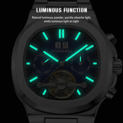 Forsining 481 Montre Militaire Homme Tourbillon Aiguilles Date Jour Montres Mécaniques Automatiques Acier Inoxydable Horloge Relogio Masculino