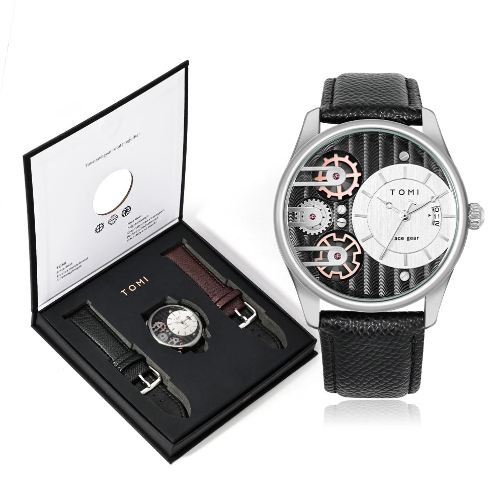 Coffret Cadeau Homme TOMI – Montre Combinée Luxe et Simple Affaires, Bracelet Amovible, Montre à Quartz pour Homme, Cadeau de Fête