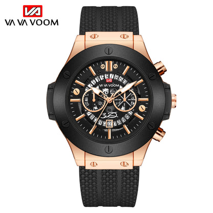 Montre Sport Homme en Silicone Noir, Grand Cadran Creux de 46 mm, Style Militaire Tendance Or Rose, Mouvement à Quartz Original