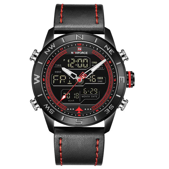 NAVIFORCE – Montre de sport de luxe à quartz pour homme, en cuir véritable, étanche, avec affichage de la date, du jour de la semaine et LED