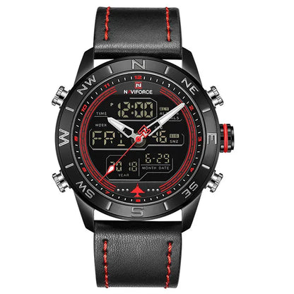 NAVIFORCE – Montre de sport de luxe à quartz pour homme, en cuir véritable, étanche, avec affichage de la date, du jour de la semaine et LED