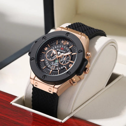 Montre Sport Homme en Silicone Noir, Grand Cadran Creux de 46 mm, Style Militaire Tendance Or Rose, Mouvement à Quartz Original