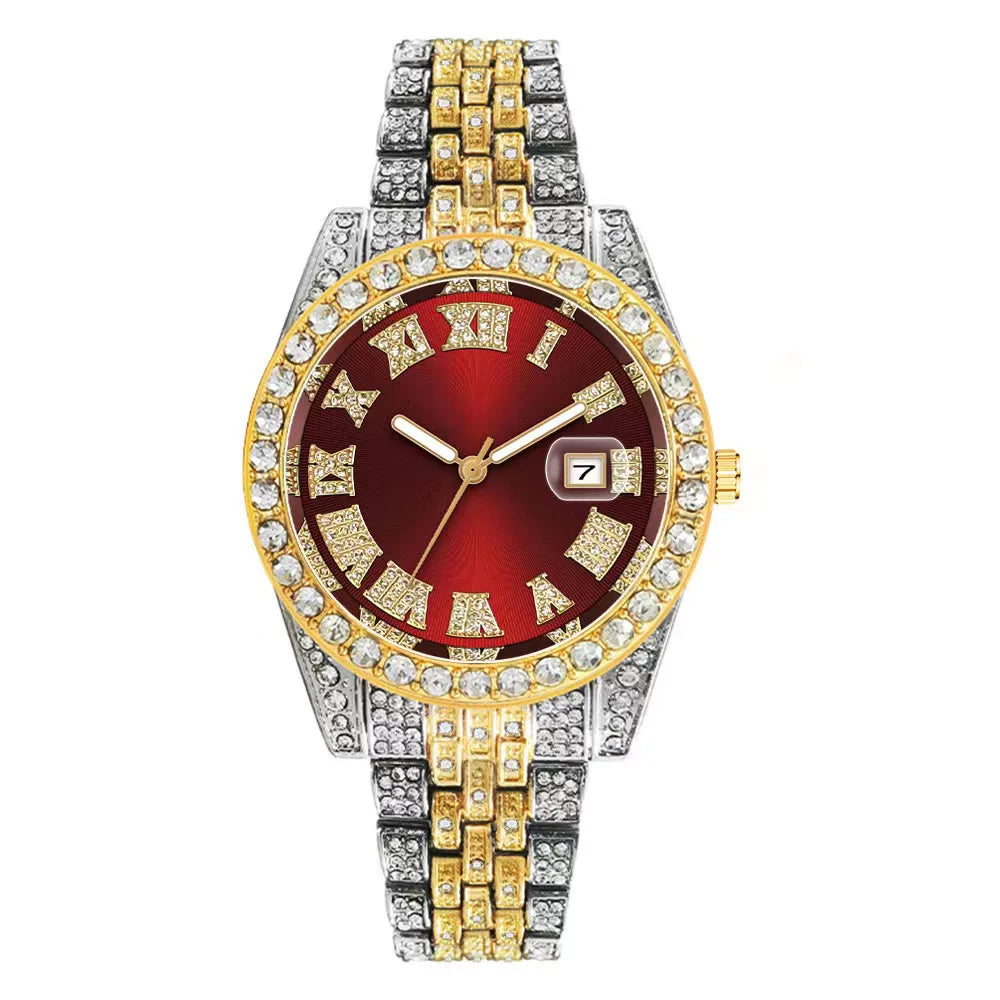 Montre de luxe hip-hop en acier inoxydable doré avec calendrier pour homme, sertie de strass, montre pour homme Reloj Hombre