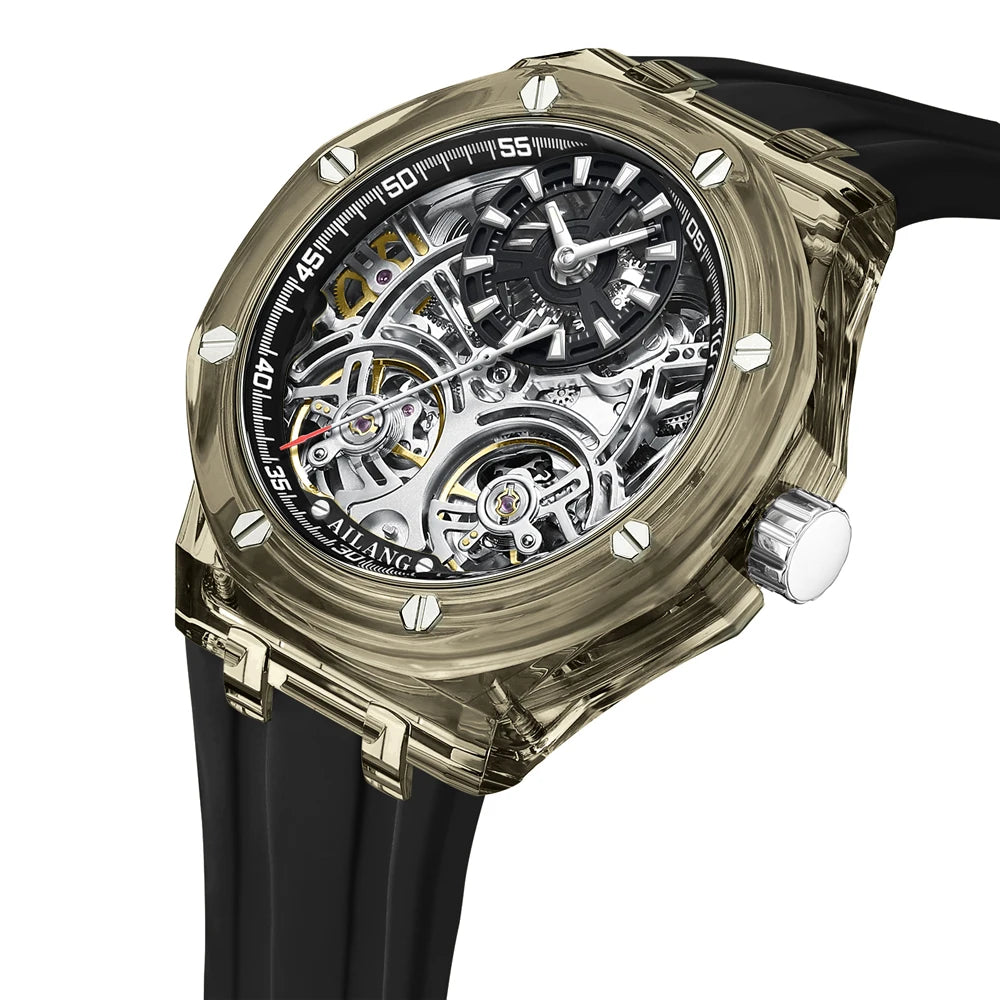 Double Tourbillon Design Luxury Men's Watch Yellow Transparent Case Rubber Fashion Style Leisure Automatic Mechanical Watch Men