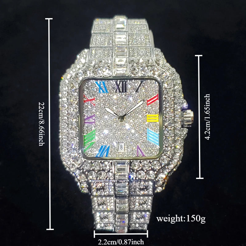 Montre de luxe en diamant 2025 pour homme, à la mode, avec chiffres colorés, style hip-hop, bijoux bling-bling, Reloj Hombre pour fête