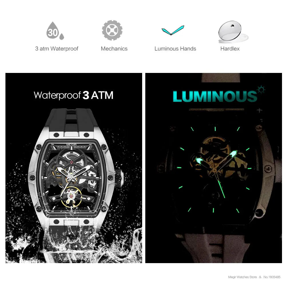 Montre-bracelet MEGIR pour hommes, mode, noire, étanche, mécanique automatique, avec aiguilles lumineuses, bracelet en silicone, cadran tonneau 2242