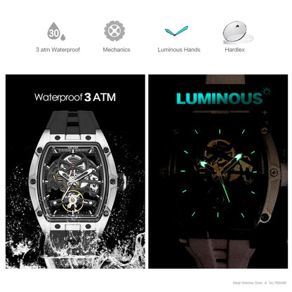 Montre-bracelet MEGIR pour hommes, mode, noire, étanche, mécanique automatique, avec aiguilles lumineuses, bracelet en silicone, cadran tonneau 2242