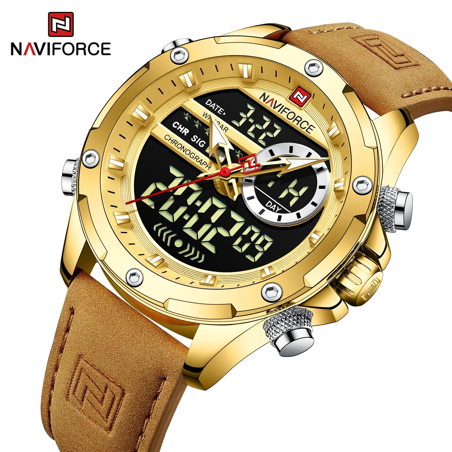 Naviforce Montres Originales pour Hommes 2025 Montre-Bracelet de Luxe Sportive Étanche à Bracelet Corium pour Hommes avec Calendrier Double Affichage