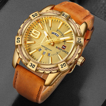 NAVIFORCE Montre Homme Tendance Or Luxe Sport Étanche Militaire Montre-bracelet Affaires Décontracté Bracelet en Cuir Date Horloge 9117