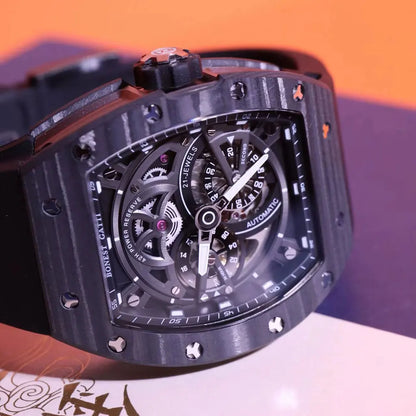 BONEST GATTI Men Mechanical Watch Carbon Fiber Bezel Tonneau Luminou Case Fluororubber Strap Small Second Dial Watches For Men