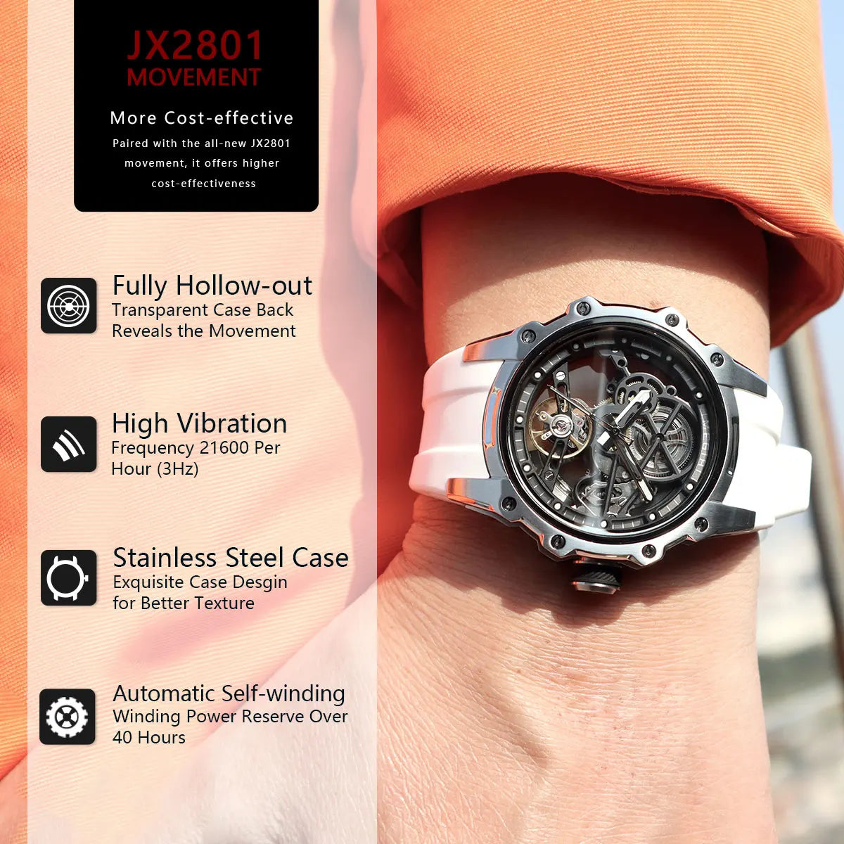 MEGIR Sports Automatic Mechanical Watch for Men Fashion Stainless Steel Cased Wristwatch with White Silicone Strap Skeleton Dial