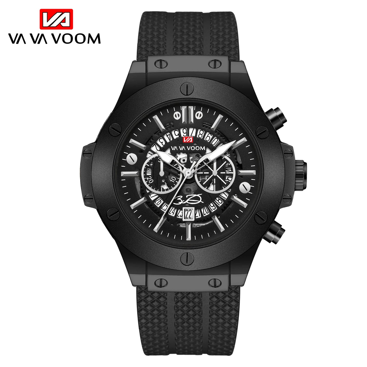 Montre Sport Homme en Silicone Noir, Grand Cadran Creux de 46 mm, Style Militaire Tendance Or Rose, Mouvement à Quartz Original