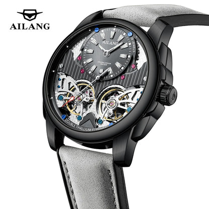 AILANG Business Mechanical Watches Men Top Brand Luxury Leather Waterproof Double Tourbillon Watch For Men Automatic Wristwatch