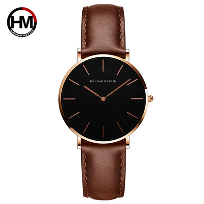 HANNAH MARTIN Top Brand Women Waterproof Wrist Watches 36mm Fashion Luxury Ultra Thin Leather Creative Rose Gold Ladies Watches