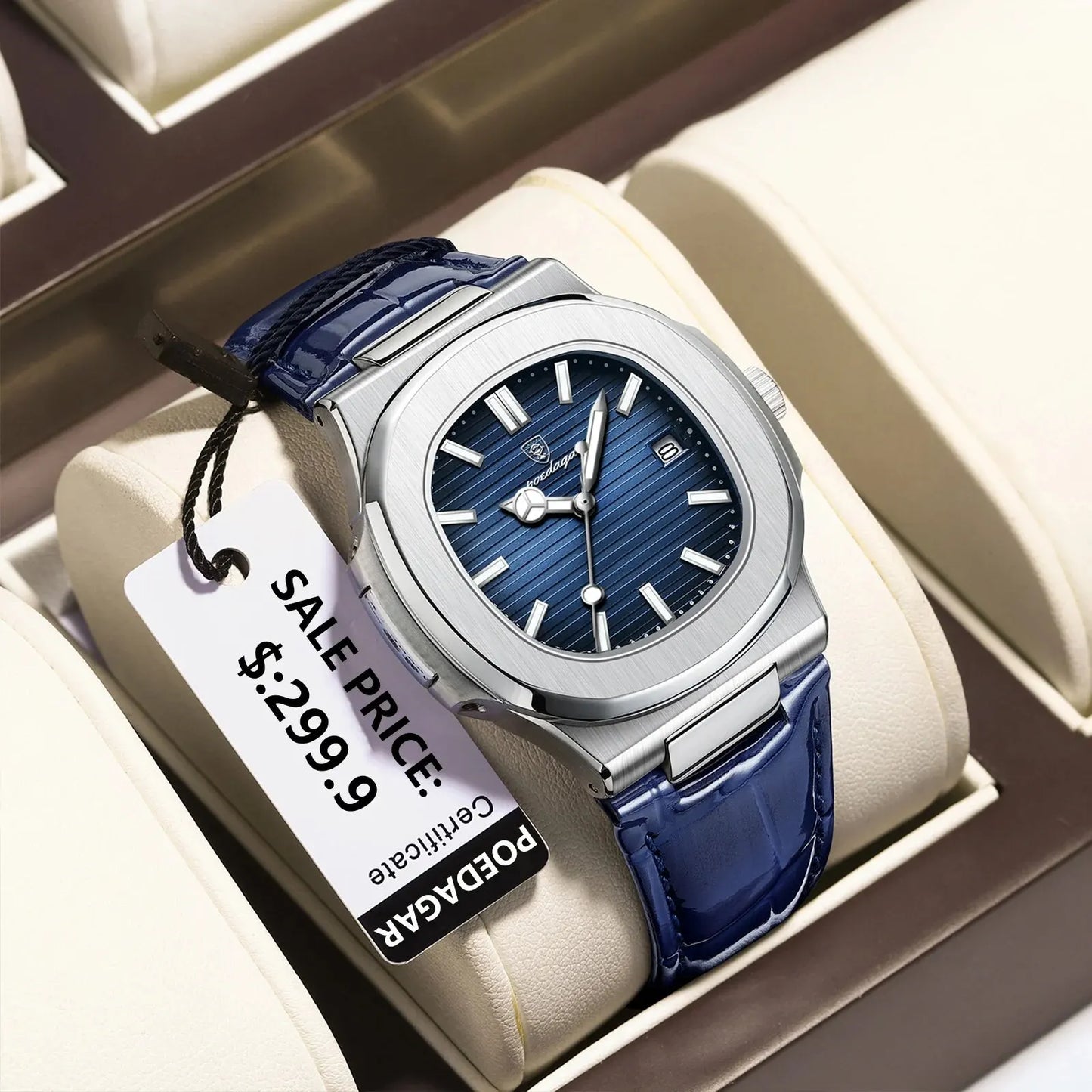 POEDAGAR Montre Homme Carrée Luxe Date Étanche Lumineuse Qualité Supérieure Bracelet Cuir Montre-Bracelet Quartz Homme+Boîte Reloj