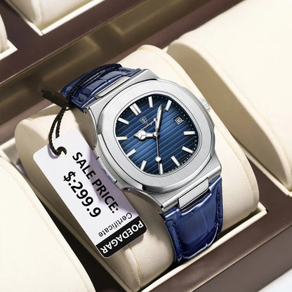 POEDAGAR Montre Homme Carrée Luxe Date Étanche Lumineuse Qualité Supérieure Bracelet Cuir Montre-Bracelet Quartz Homme+Boîte Reloj
