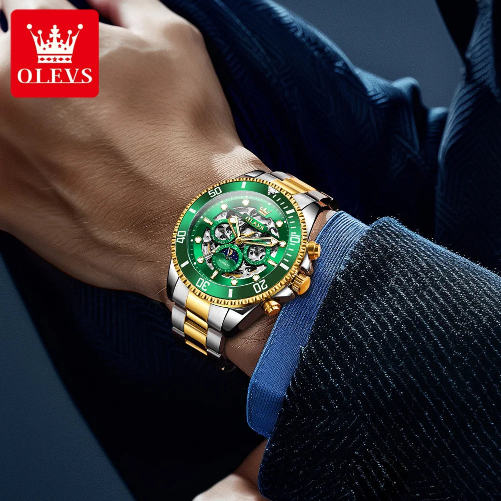 OLEVS 6715 Montre Homme Évidée Date Automatique Mécanique Pour Hommes 43mm Grand Cadran Phase de Lune Montre-Bracelet Étanche Tendance Pour Homme