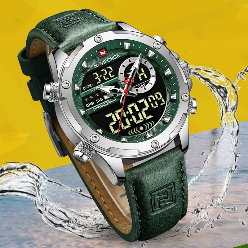 NAVIFORCE – Montre Homme Tendance en Cuir Vert, Militaire, Étanche, Chronographe Numérique, Quartz, Bracelet Homme, Réveil