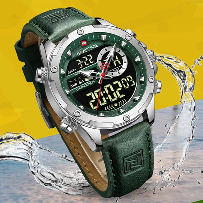 NAVIFORCE – Montre Homme Tendance en Cuir Vert, Militaire, Étanche, Chronographe Numérique, Quartz, Bracelet Homme, Réveil
