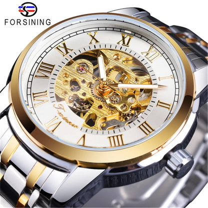 Forsining 349 Montre mécanique pour homme, boîtier rond, squelette, acier inoxydable, argenté et noir, montres-bracelets manuelles pour homme