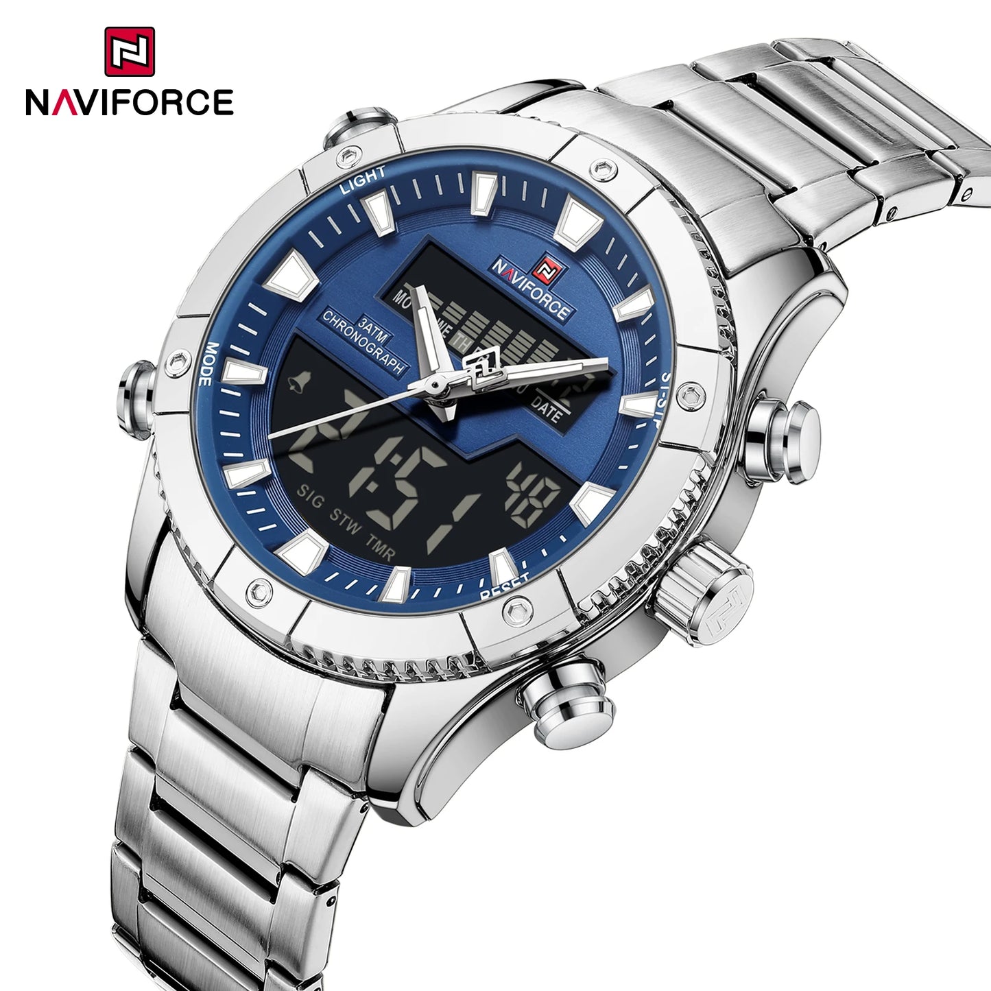 Montre NAVIFORCE Originale Neuve pour Hommes Double Affichage Heure Étanche Acier Inoxydable Multifonction Compte à Rebours Sports Réveil