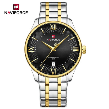 NAVIFORCE Nouvelle Montre à Quartz pour Homme avec Bracelet en Acier Inoxydable, Calendrier, Modèle Business Décontracté, Étanche et Antichoc