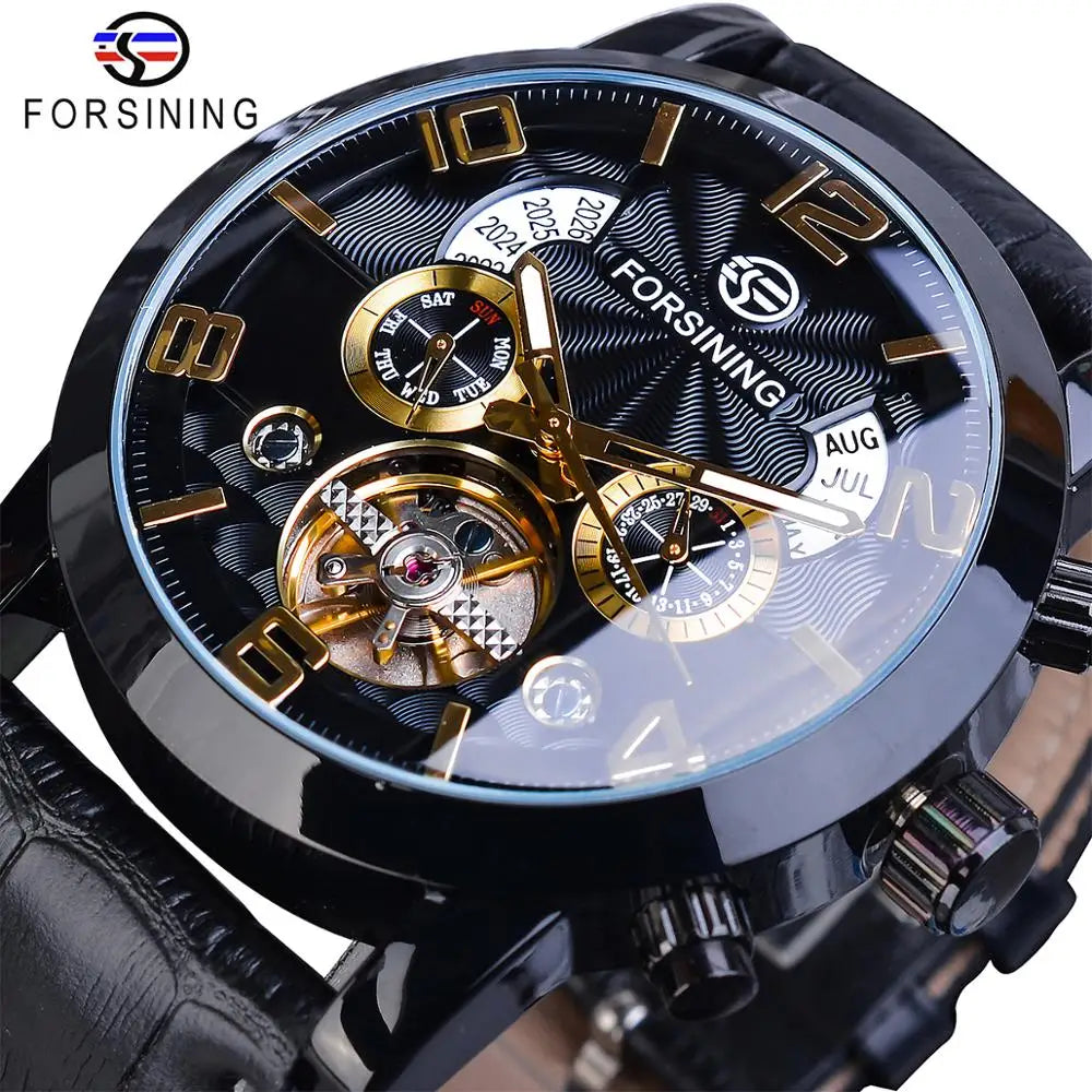 Montre mécanique automatique Forsining Tourbillon Fashion Wave noire et dorée multifonction pour homme, marque de luxe de qualité supérieure