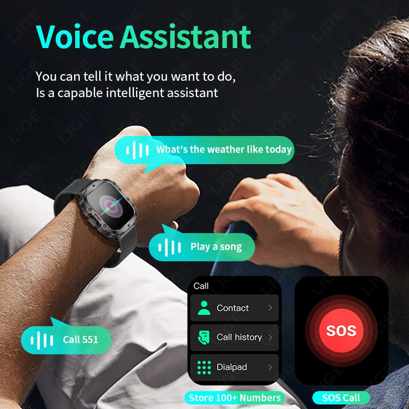 Montre Intelligente Homme Militaire Extérieur Sport Santé Moniteur Appel Bluetooth Assistant Vocal Étanche Pour Android IOS Montre Connectée