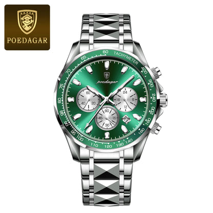 POEDAGAR Montre Homme Luxe Étanche Lumineuse en Acier Inoxydable Montre Chronographe à Quartz avec Date pour Homme d'Affaires