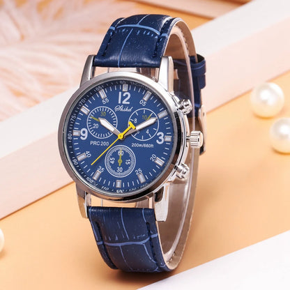 Montre homme à quartz bleue, bracelet en cuir, style chronographe, accessoire de montre-bracelet décontractée et professionnelle, pour usage quotidien, tendance 2026