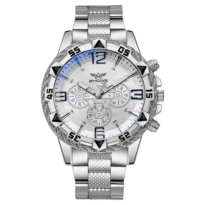 Montre à quartz de luxe pour homme, classique, pour homme d'affaires, grand cadran, bracelet en alliage d'acier, lumière bleue, trois yeux, montre à quartz pour homme.