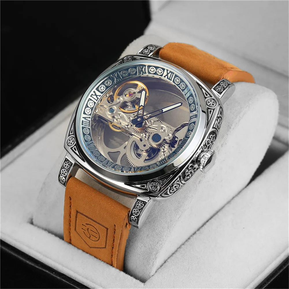 Forsining 403B Montres-bracelets automatiques pour hommes avec cadran squelette argenté et bracelet en cuir marron, cadeau idéal pour une fête