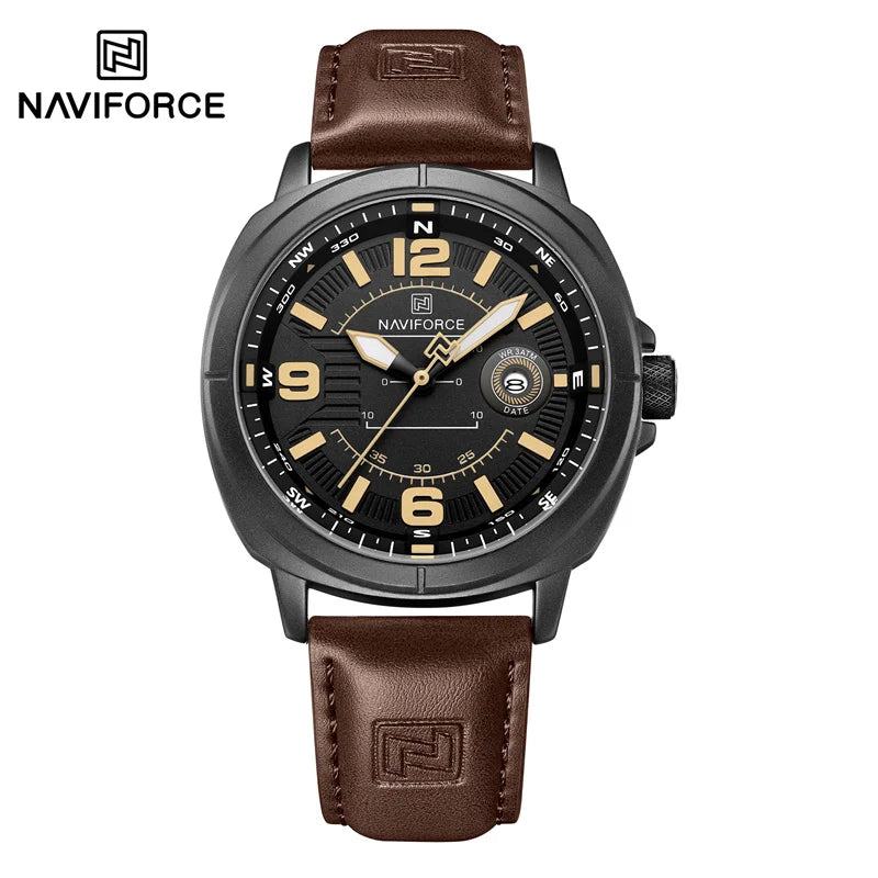 Montres à quartz de mode NAVIFORCE pour hommes, étanches 3ATM, affichage lumineux, cadran boussole classique, bracelet respirant en PU